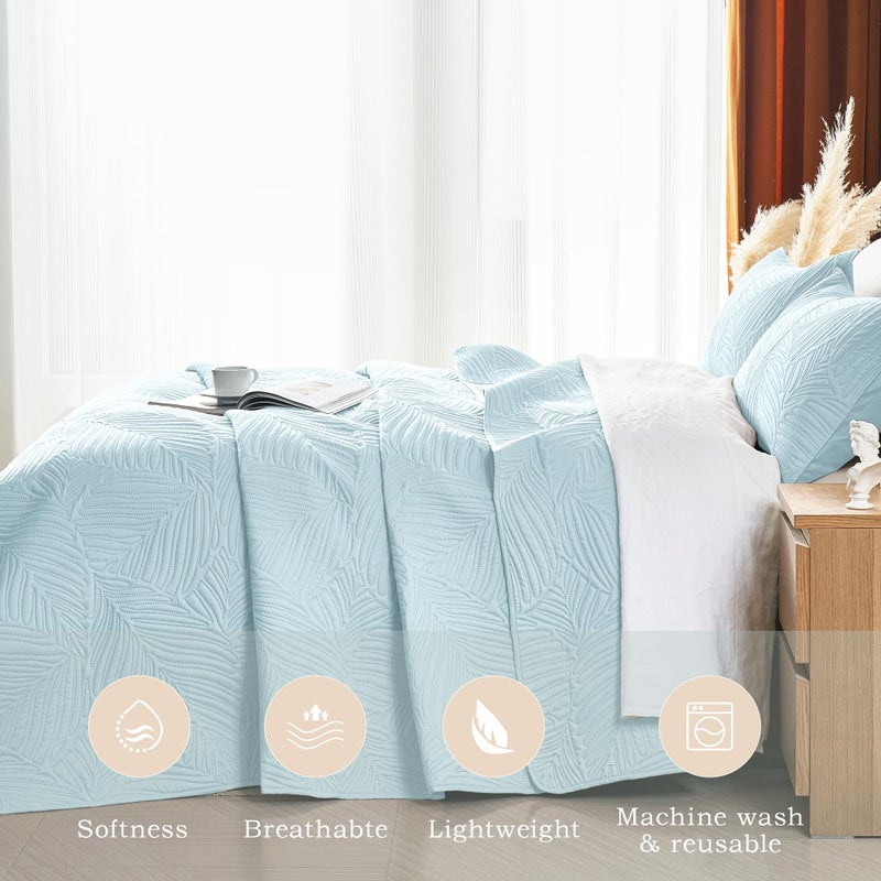 OARAGE Queen Quilt Bedding Set Soft Lightweight Aqua Blue Bedspread with Leaf Pattern,Ultrasonic Microfiber Bed Coverlet Full Size for All Season (1 Quilt, 2 Shams) - Image 3