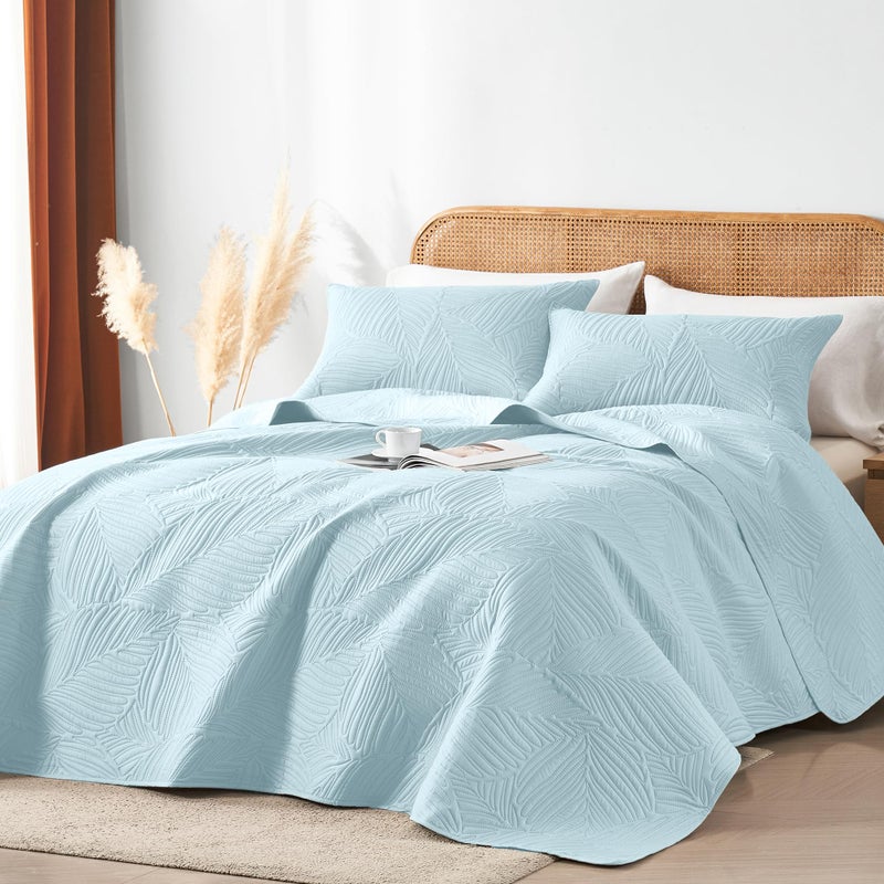 OARAGE Queen Quilt Bedding Set Soft Lightweight Aqua Blue Bedspread with Leaf Pattern,Ultrasonic Microfiber Bed Coverlet Full Size for All Season (1 Quilt, 2 Shams) - Image 2
