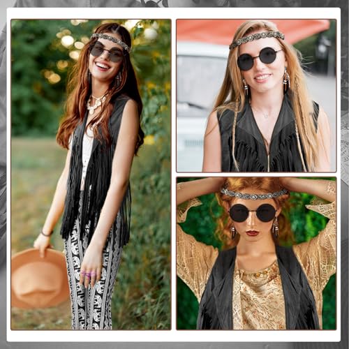 Leumoi 5 Pcs 60s 70s Costume for Women Disco Outfits Hippie Accessories Fringe Vest Boho Flared Pants Set for Halloween(Medium,Classic) - Image 3