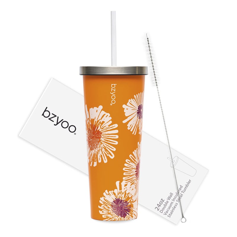bzyoo SUP Double Wall Vacuum Insulated Tumbler with Straw and Lid Stainless Steel Water Bottle Travel Mug Cup Mothers Day Gifts For Him  Her 710ml Color Orange Precious Bloom