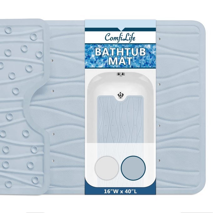BATH MAT FOR BATHROOM TUB AND SHOWER NON SLIP EXTRA LARGE BATHTUB MAT WITH DRAIN HOLES SUCTION CUPS MACHINE WASHABLE RUBBER MATS TO KEEP BATHTUB CLEAN LIGHT BLUE WAVE 16 X 40