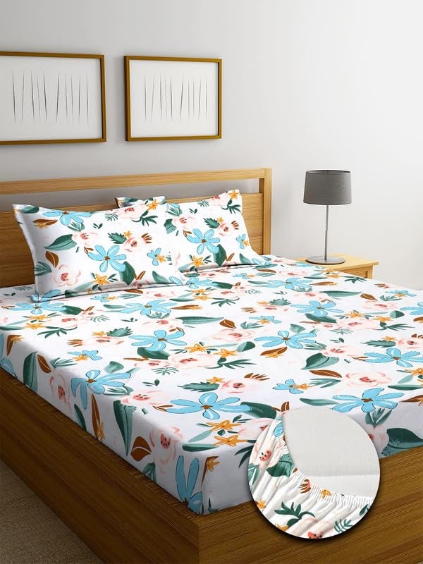 NEW LEAF Premium Cotton Elastic Fitted Bedsheets with 2 Pillow Covers Double Bed All Around Elastic Supersoft Size - 72 x 78 +10 inches White Sky Blue 200 tc - 220 tc - Image 2