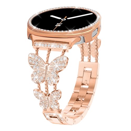 Alociaga Bling Band with Case Compatible for Samsung Galaxy Watch 8 40mm 44mm, Women Diamond Butterfly Metal Bracelet Rhinestone Strap with Protector Case(Rose Gold, 40mm) - Image 1