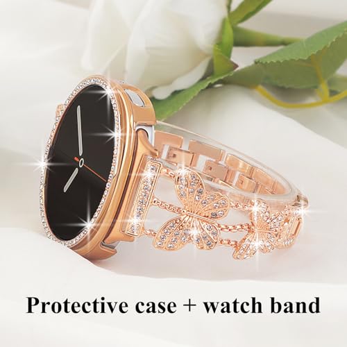 Alociaga Bling Band with Case Compatible for Samsung Galaxy Watch 8 40mm 44mm, Women Diamond Butterfly Metal Bracelet Rhinestone Strap with Protector Case(Rose Gold, 40mm) - Image 3