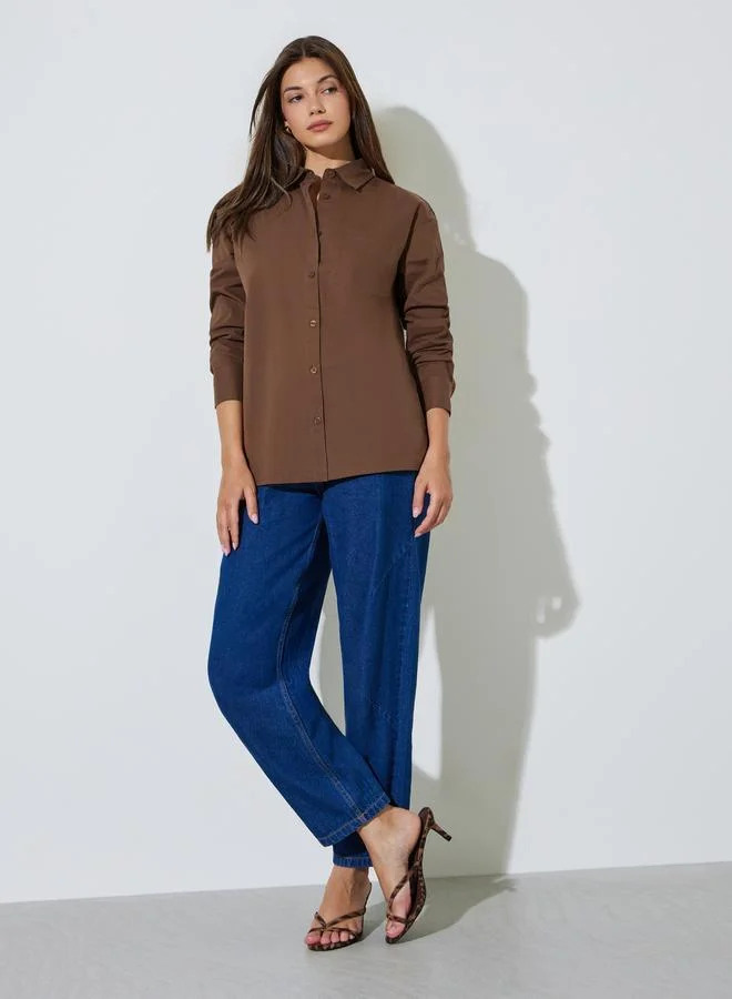 Styli Brown Cotton Oversized Shirt with Split Back Hem