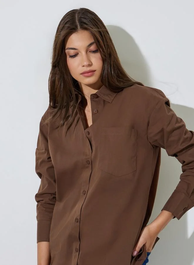 Styli Brown Cotton Oversized Shirt with Split Back Hem