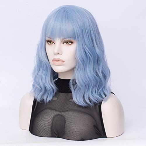 QACCF Light Blue Wig Short Wavy Shoulder Length Women Full Bang Curly Bob Wig (Blue Mix) - Image 3