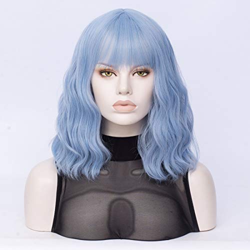 QACCF Light Blue Wig Short Wavy Shoulder Length Women Full Bang Curly Bob Wig (Blue Mix) - Image 4