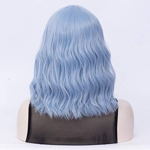 QACCF Light Blue Wig Short Wavy Shoulder Length Women Full Bang Curly Bob Wig (Blue Mix) - Image 5