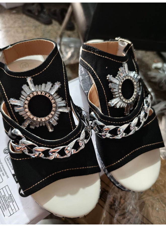 Plus Size Wedge Denim Round Toe Peep Toe Sandals New Fashion Comfortable All-match Rhinestone High Heels