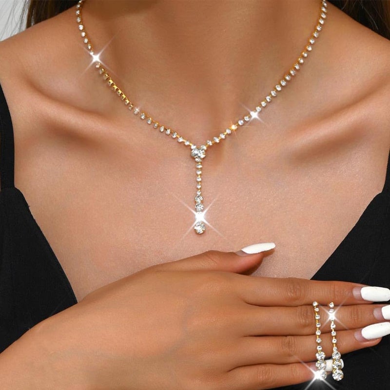 Yean Bride Silver Bridal Necklace Earrings Set Crystal Wedding Jewelry Sets Rhinestone Choker Necklaces for Women (Gold) - Image 2