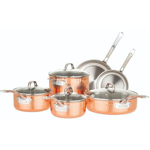 Viking 3-Ply Pots and Pans Set, 10 Piece Copper Kitchen Cookware with Glass Lids, Hammered Copper - Image 1