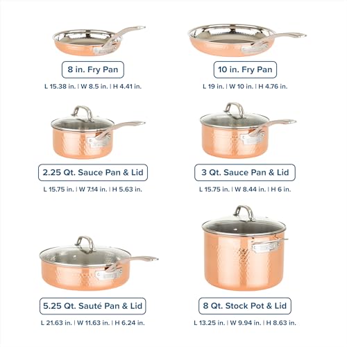 Viking 3-Ply Pots and Pans Set, 10 Piece Copper Kitchen Cookware with Glass Lids, Hammered Copper - Image 4