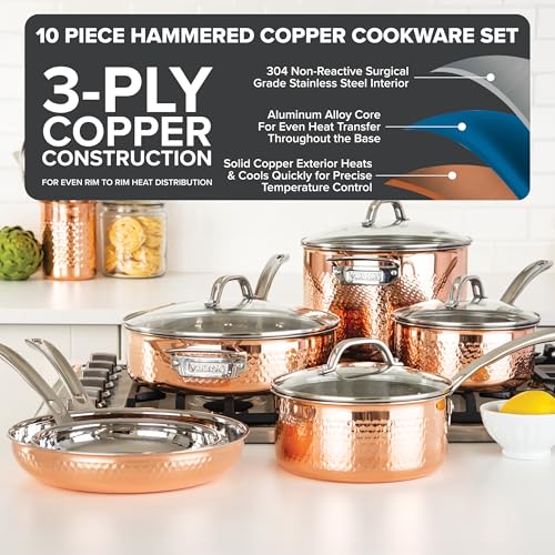 Viking 3-Ply Pots and Pans Set, 10 Piece Copper Kitchen Cookware with Glass Lids, Hammered Copper - Image 2
