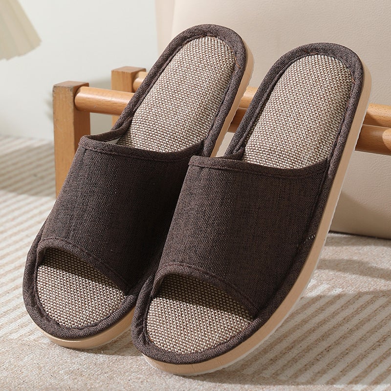 Linen Slippers Home Hotel Spa Non-Slip Thickened Pure coffee 