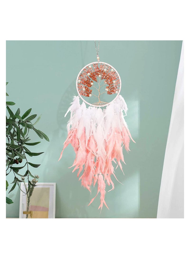 Y&D Dream Catcher, Tree of Life Pink Dreamcatcher Handmade Catchers with Natural Healing Crystal Stone Wall Hanging Decor Ornaments Craft for Girls Bedroom, Car, Home Decoration - Image 1