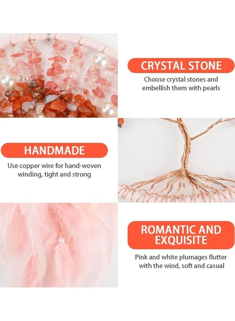 Y&D Dream Catcher, Tree of Life Pink Dreamcatcher Handmade Catchers with Natural Healing Crystal Stone Wall Hanging Decor Ornaments Craft for Girls Bedroom, Car, Home Decoration - Image 3