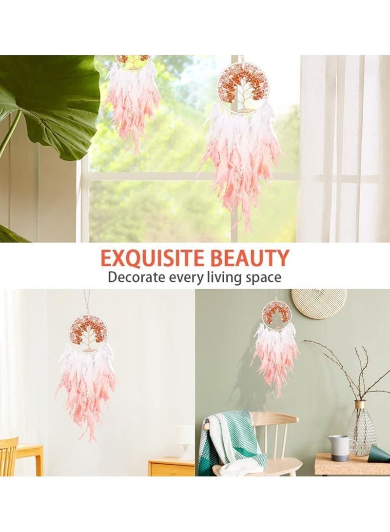 Y&D Dream Catcher, Tree of Life Pink Dreamcatcher Handmade Catchers with Natural Healing Crystal Stone Wall Hanging Decor Ornaments Craft for Girls Bedroom, Car, Home Decoration - Image 4