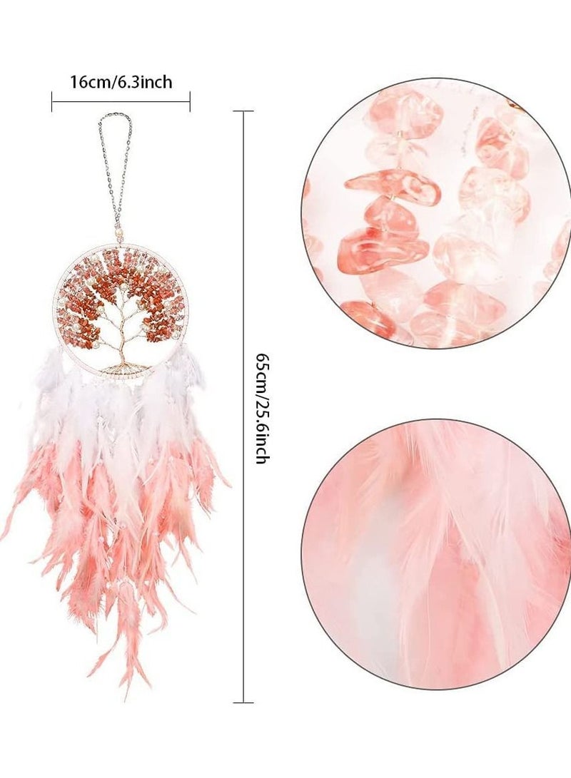 Y&D Dream Catcher, Tree of Life Pink Dreamcatcher Handmade Catchers with Natural Healing Crystal Stone Wall Hanging Decor Ornaments Craft for Girls Bedroom, Car, Home Decoration - Image 2