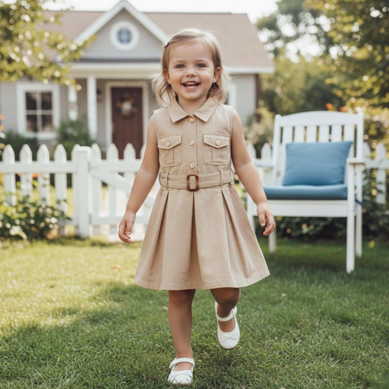 Rourufy Toddler Baby Girl Summer Dress Girls Elegant A Line Pleated Dresses Spring Summer Clothes with Belt Cute Outfit (A Khaki, 2-3 Years) - Image 2
