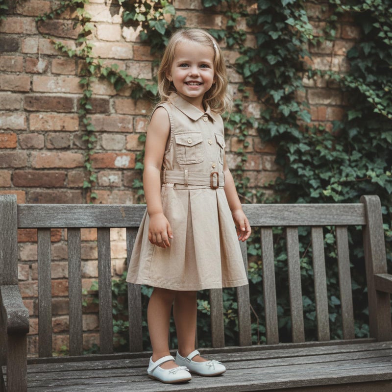 Rourufy Toddler Baby Girl Summer Dress Girls Elegant A Line Pleated Dresses Spring Summer Clothes with Belt Cute Outfit (A Khaki, 2-3 Years) - Image 3