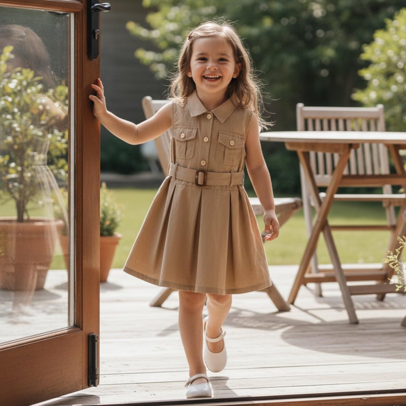 Rourufy Toddler Baby Girl Summer Dress Girls Elegant A Line Pleated Dresses Spring Summer Clothes with Belt Cute Outfit (A Khaki, 2-3 Years) - Image 4