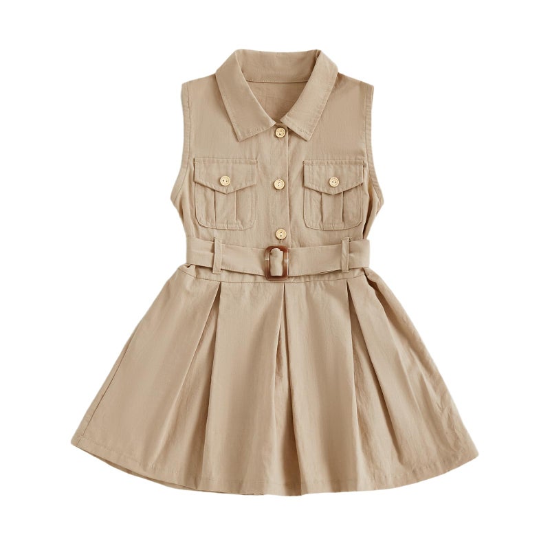 Rourufy Toddler Baby Girl Summer Dress Girls Elegant A Line Pleated Dresses Spring Summer Clothes with Belt Cute Outfit (A Khaki, 2-3 Years) - Image 1