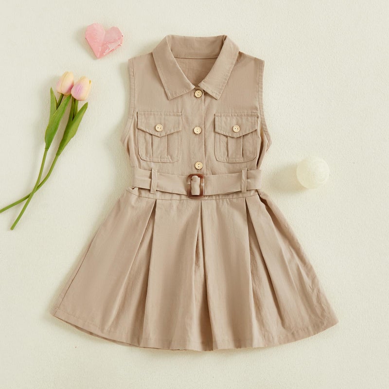 Rourufy Toddler Baby Girl Summer Dress Girls Elegant A Line Pleated Dresses Spring Summer Clothes with Belt Cute Outfit (A Khaki, 2-3 Years) - Image 5