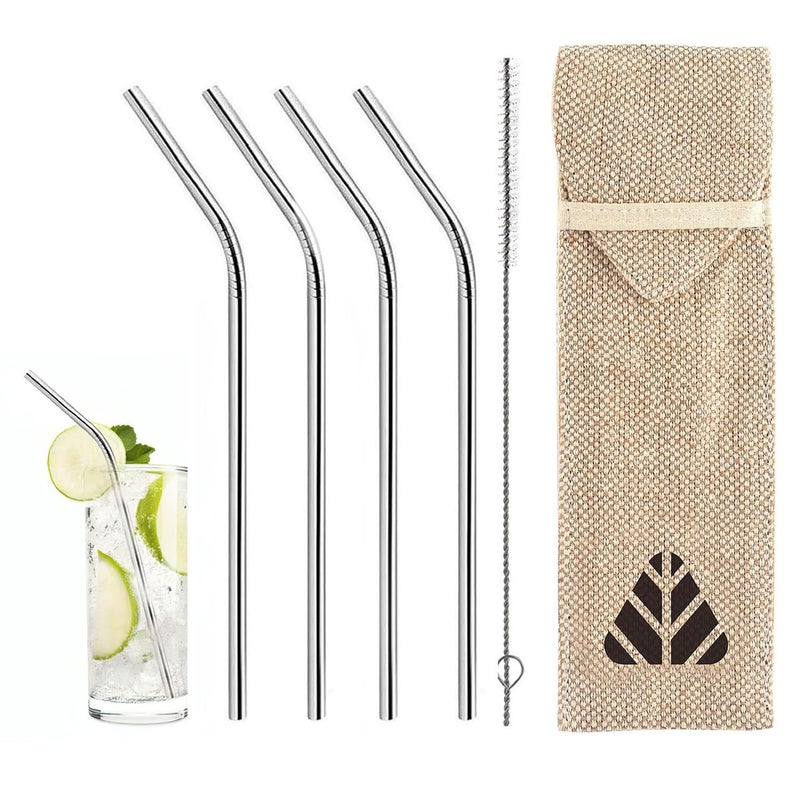 Rusabl Stainless Steel Straws (Pack of 4, Silver) for Kids & Adult with Cleaning Brush, Reusable Metal Straws in Jute Pouch - Image 1