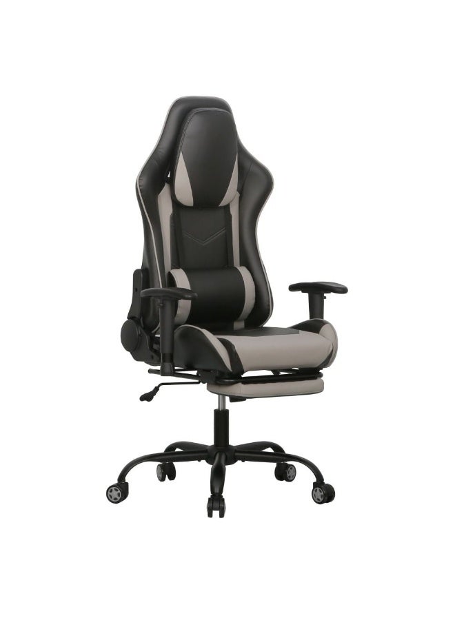 DANUBE HOME Belanda Gaming Chair with Footrest - Ergonomic Black/Grey Gaming Chair for Game Room - Stylish Metal & Faux Leather Design - Size: L71xW77.5xH126-136cm - Image 1