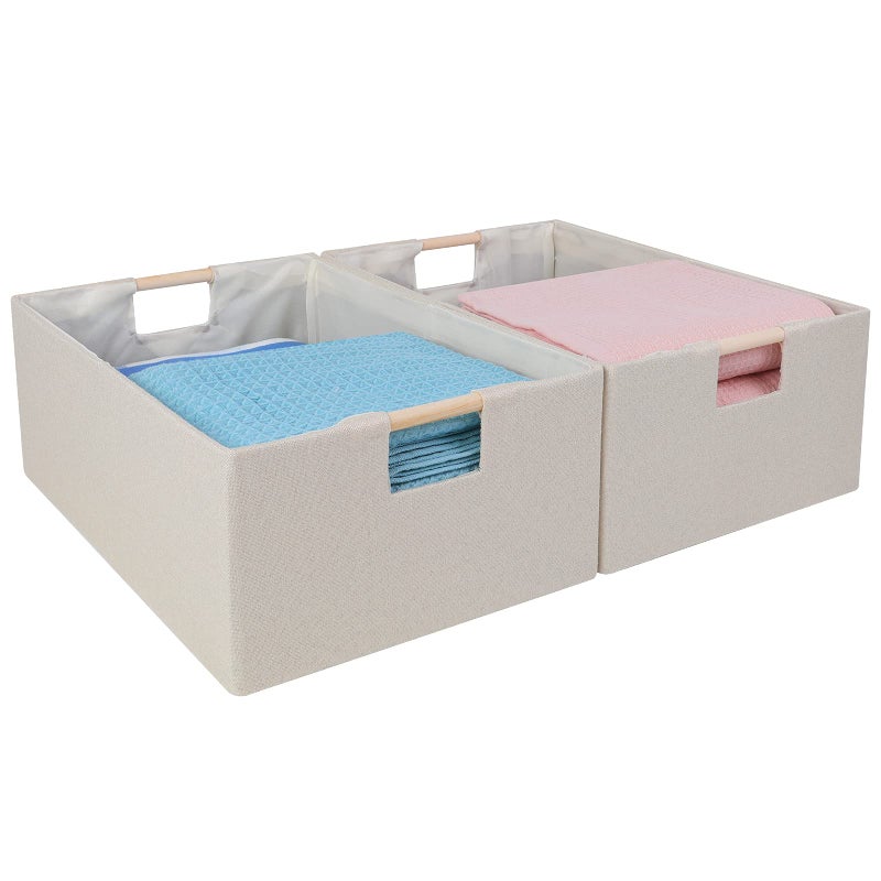 ANMINY 2PCS Storage Baskets for Organizing Collapsible Fabric Storage Bins Boxes with Wood Handles Closet Shelves Cube Organizer Bins Clothes Laundry Storage Container - Small, Beige - Image 1