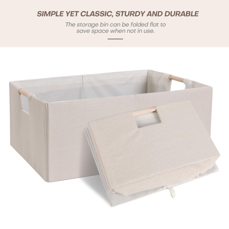 ANMINY 2PCS Storage Baskets for Organizing Collapsible Fabric Storage Bins Boxes with Wood Handles Closet Shelves Cube Organizer Bins Clothes Laundry Storage Container - Small, Beige - Image 3