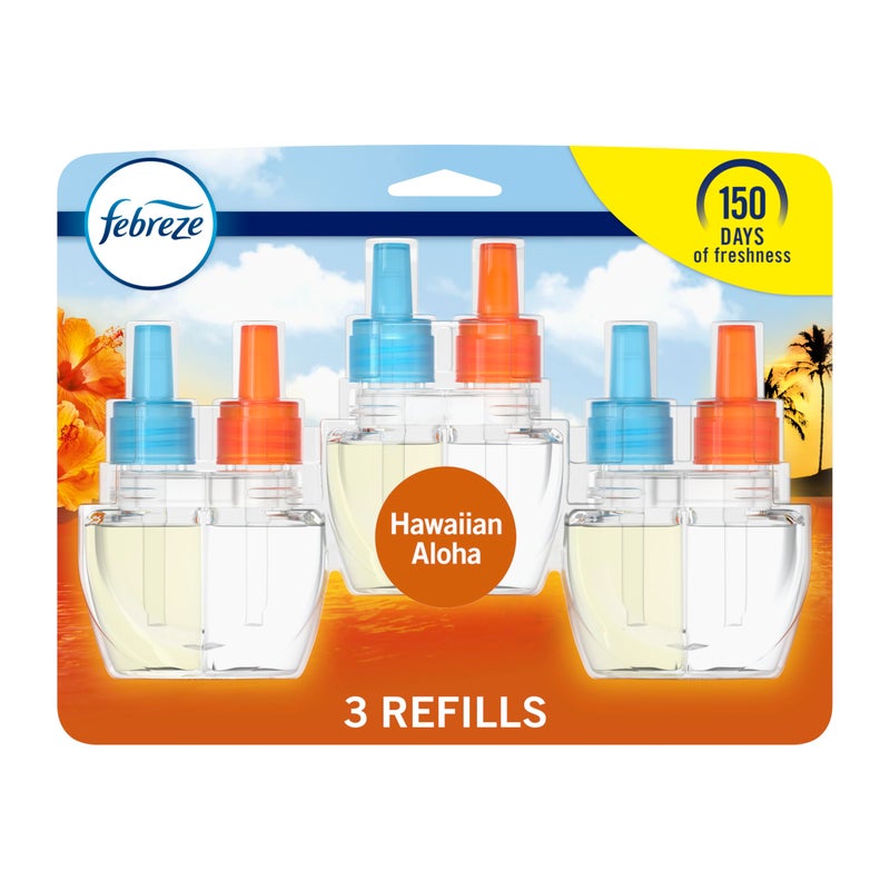 Febreze Plug In Air Freshener, Odor-Fighting Scented Oil Refill, Air Fresheners for Home and Bathroom and Kitchen, Long Lasting for Strong Odors, Hawaiian Aloha Scent, 0.87oz Refills, 3 Count - Image 1