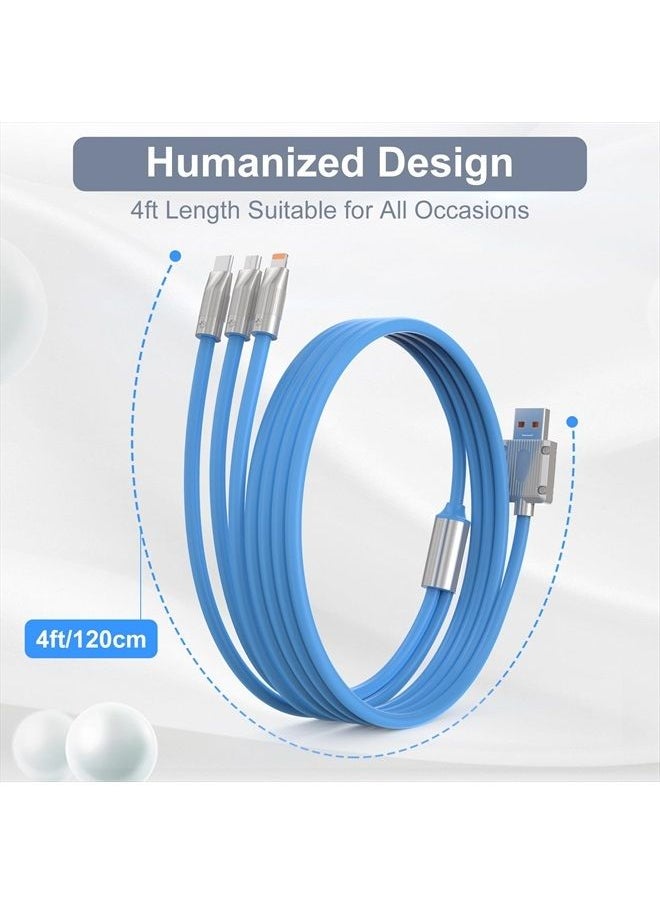 Multi Charging Cable 4FT, 3 in 1 Multi Charger Cable Heavy Duty Unbreakable Silicone Zinc Alloy Universal 3A Fast Charge Cord with Type-C/Micro USB/Lighting Connectors for Phones and More（Blue）
