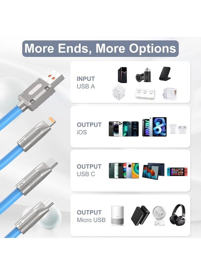 Multi Charging Cable 4FT, 3 in 1 Multi Charger Cable Heavy Duty Unbreakable Silicone Zinc Alloy Universal 3A Fast Charge Cord with Type-C/Micro USB/Lighting Connectors for Phones and More（Blue）
