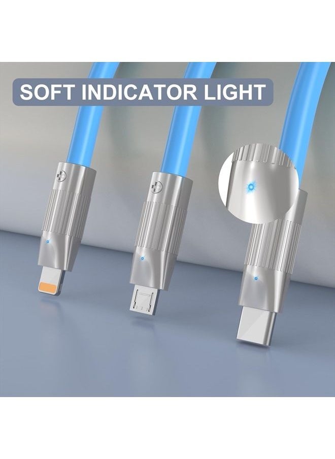 Multi Charging Cable 4FT, 3 in 1 Multi Charger Cable Heavy Duty Unbreakable Silicone Zinc Alloy Universal 3A Fast Charge Cord with Type-C/Micro USB/Lighting Connectors for Phones and More（Blue）
