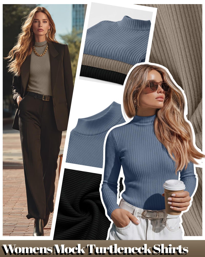 Riyiper 3 Pack Women's Ribbed Shirts, Mock Turtleneck Long Sleeve Tops Slim Fitted Undershirts Casual Basic Layering Tees(Black, Brown, Haze Blue,X-Large) - Image 5
