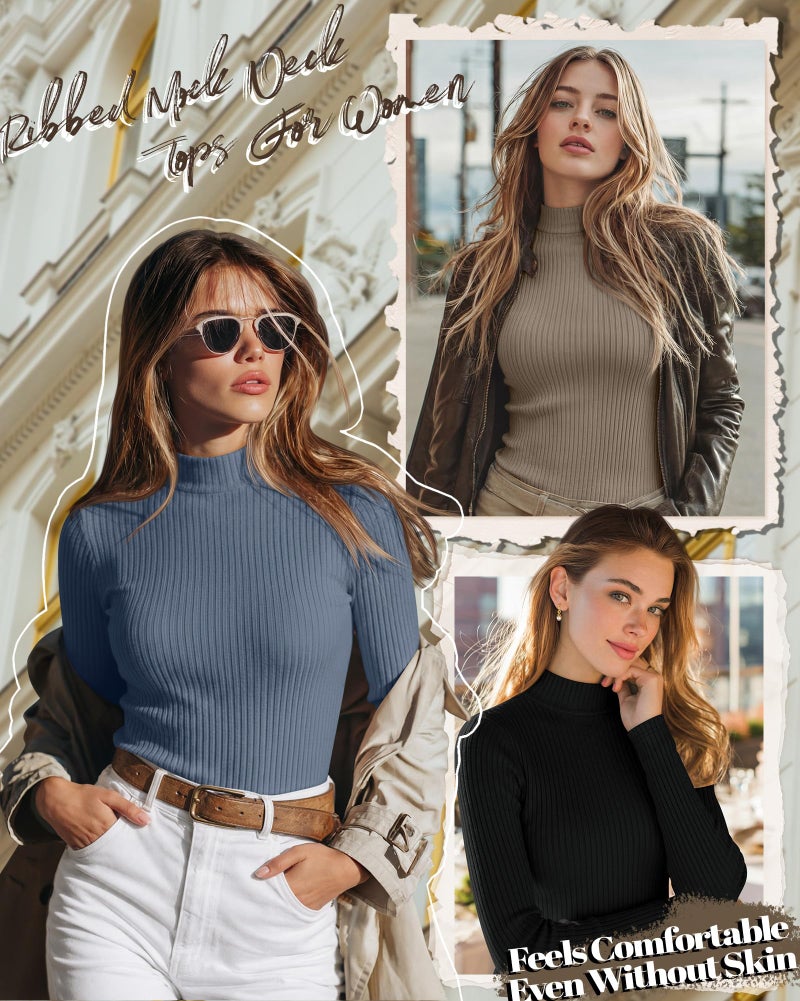 Riyiper 3 Pack Women's Ribbed Shirts, Mock Turtleneck Long Sleeve Tops Slim Fitted Undershirts Casual Basic Layering Tees(Black, Brown, Haze Blue,X-Large) - Image 3