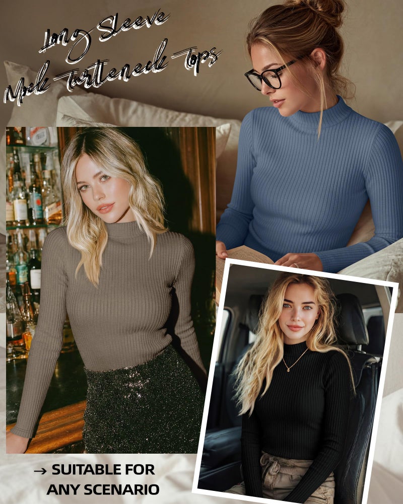 Riyiper 3 Pack Women's Ribbed Shirts, Mock Turtleneck Long Sleeve Tops Slim Fitted Undershirts Casual Basic Layering Tees(Black, Brown, Haze Blue,X-Large) - Image 4