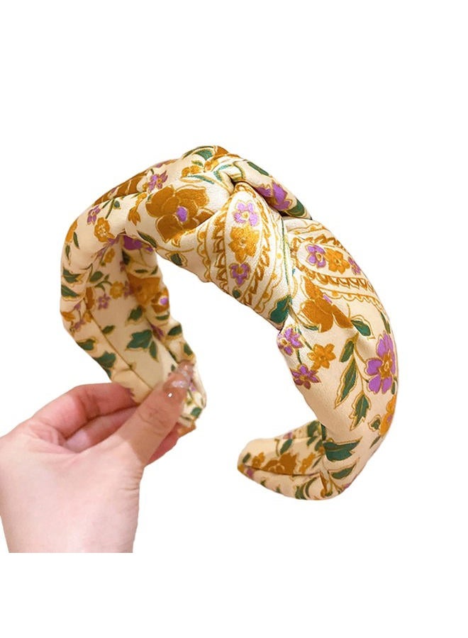 Fashion Women Knotted Jeweled Headband Crystal Embellished Mixed Top Hairband ladies Twist Nylon Hair Accessories for Girls (Print - Khaki) - Image 1