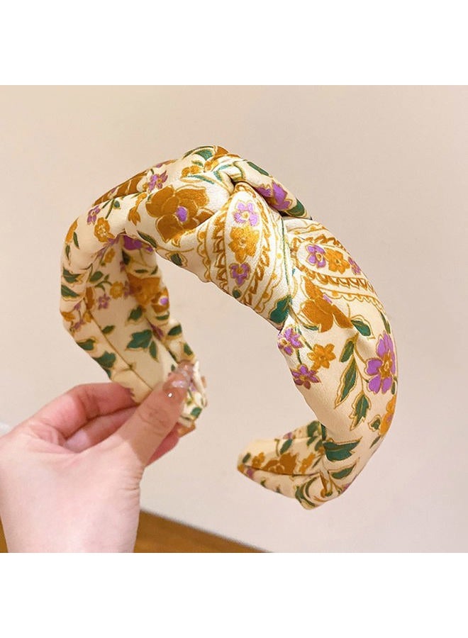 Fashion Women Knotted Jeweled Headband Crystal Embellished Mixed Top Hairband ladies Twist Nylon Hair Accessories for Girls (Print - Khaki) - Image 2