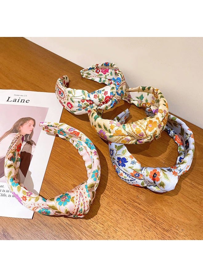 Fashion Women Knotted Jeweled Headband Crystal Embellished Mixed Top Hairband ladies Twist Nylon Hair Accessories for Girls (Print - Khaki) - Image 4