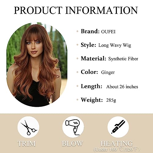 OUFEI Ombre Ginger Wigs with Bangs for Women Long Wavy Wig Natural Synthetic Hair Heat Resistant Wigs for Daily Party Cosplay Wear - Image 3
