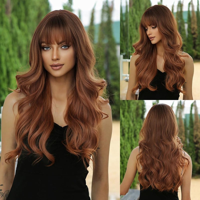 OUFEI Ombre Ginger Wigs with Bangs for Women Long Wavy Wig Natural Synthetic Hair Heat Resistant Wigs for Daily Party Cosplay Wear - Image 2
