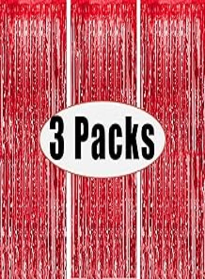 FECEDY Metallic Foil Curtains With 3 Packs For Party 3.28 x 6.56 Ft - Red