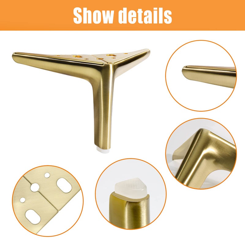 Vehcil 5-Inch Brushed Gold Furniture Legs Legs For Furniture Set Of 4 Modern Furniture Feet Metal Table Legs For Cabinet Sofa Couch Chair Bed Dresser Wardrobe Risers Diy Replacement - Image 4