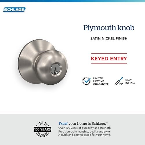 Schlage F51A PLY 619 Plymouth Door Knob, Keyed Entry Lock, Satin Nickel - Image 5