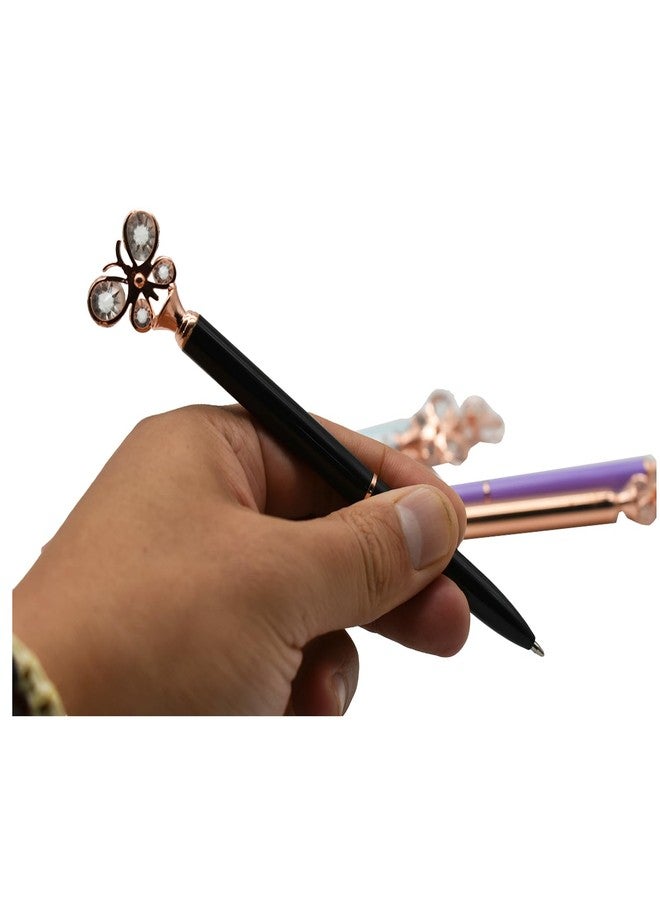 Lopenle 6 PCS Fashion Butterfly Pens Bling Diamond Ballpoint Pens Luxury Metal Twist Pens 1.0mm Black Ink Ballpoint Pens For School Office Home Party Christmas Birthday - Image 2