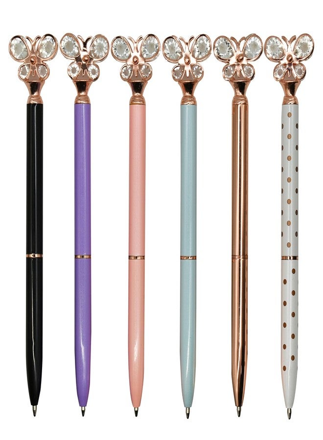Lopenle 6 PCS Fashion Butterfly Pens Bling Diamond Ballpoint Pens Luxury Metal Twist Pens 1.0mm Black Ink Ballpoint Pens For School Office Home Party Christmas Birthday - Image 1