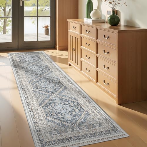 Restydon Runner Rug 2x8 Runners for Hallways Non Slip Washable Vintage Hallway Runner Rugs for Living Room Low Pile Soft Hallway Rug for Kitchen Bedroom Laundry RoomBlueBeige2x8 - Image 3